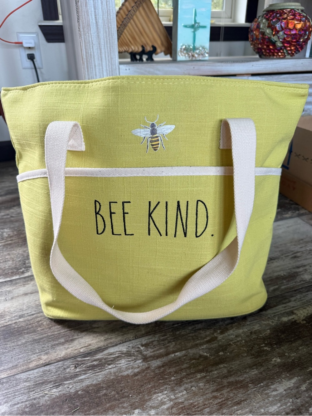 Rae Dunn Bee Kind chartreuse cooler insulated zipping Tote Bag